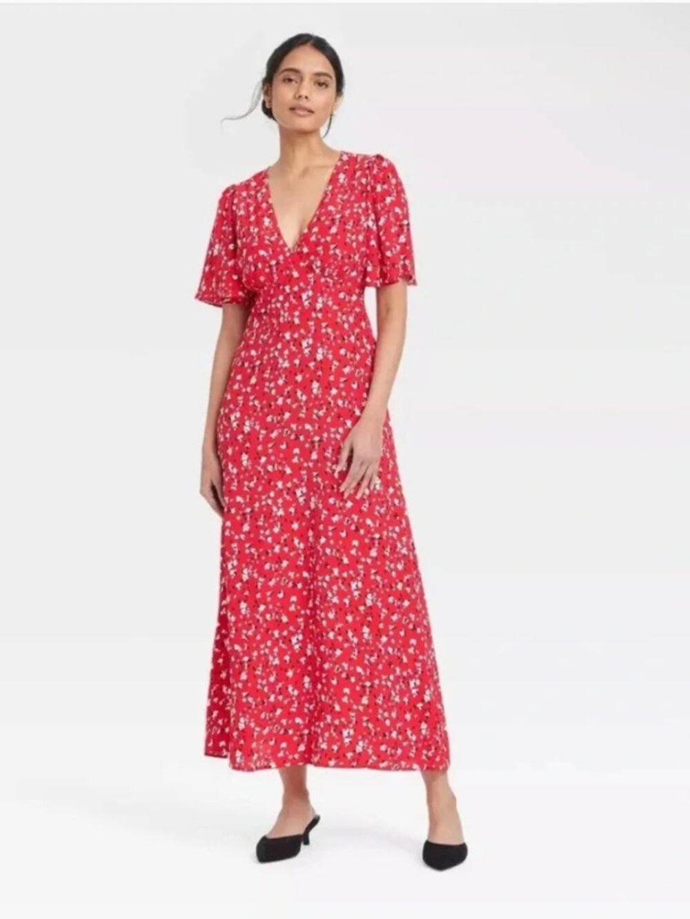 A New Day Floral Red Short Sleeve Sundress Maxi Dress Size 4
